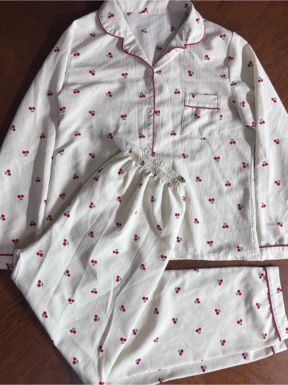 Cream Cherry-Print Pajama Set